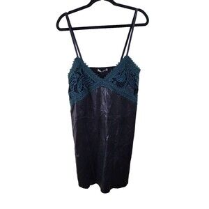 New Zara TRF Womens M Black Green Lace Faux Leather Slip Mini Dress